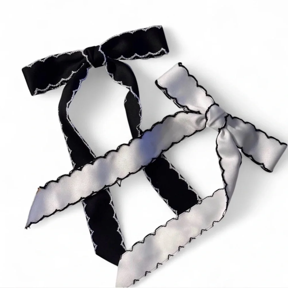 Black and White Scalloped Hair Bows Clips Set